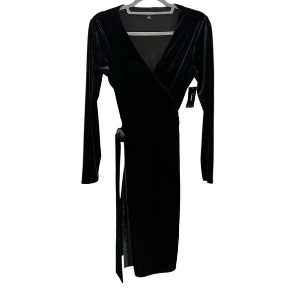 Alfani Velour Wrap Dress in Deep Black with Hint of Blue Long Sleeve NWT - Picture 2 of 3